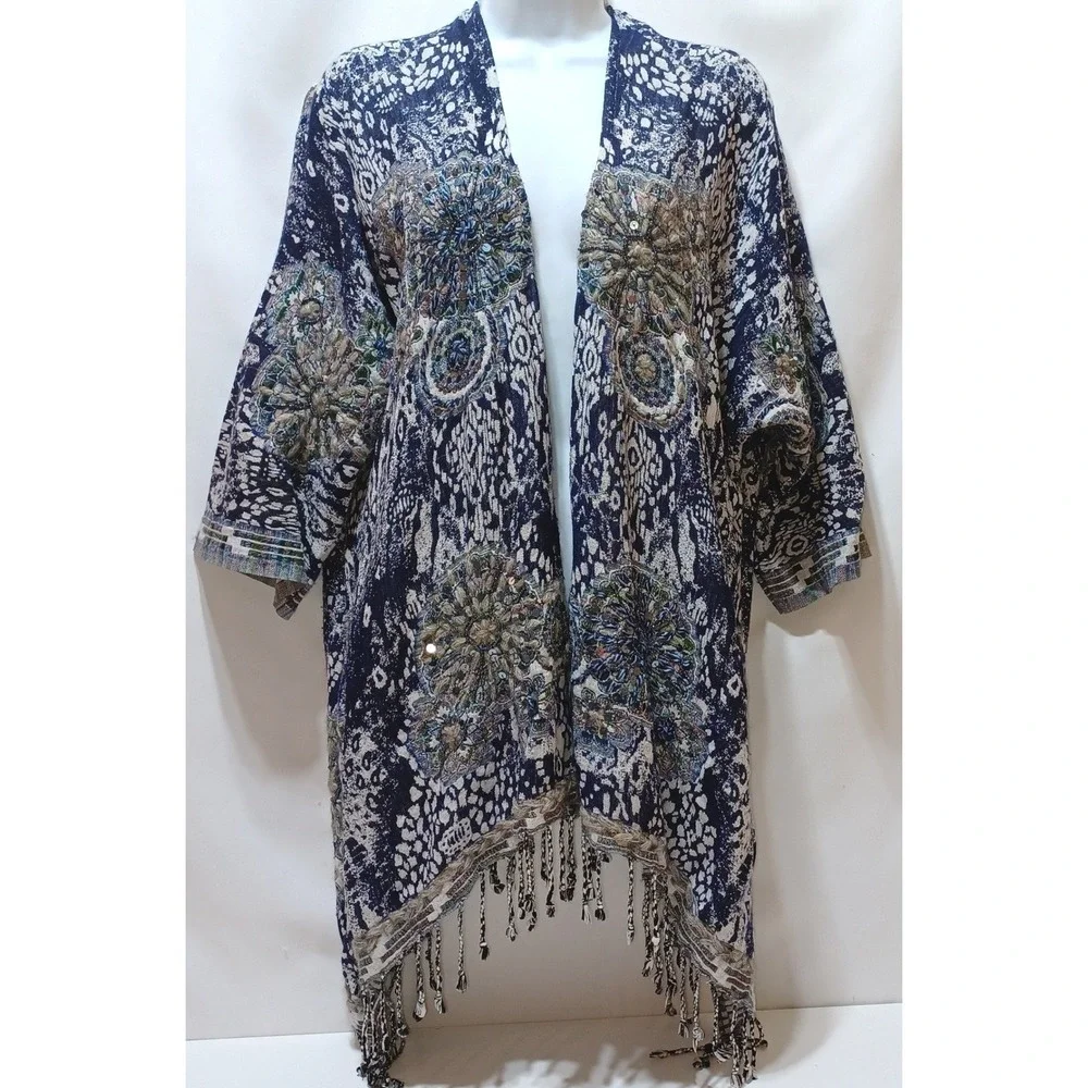 Soft Surroundings Womens Emory Fringe Sequin Cardigan Topper S/M Boho Festival